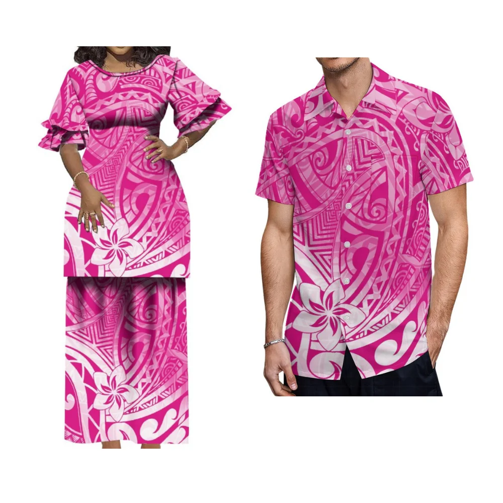 Samoan Tribal Floral Print donne polinesiane Puletasi Casual vestito allentato gonna camicia formale hawaiana da uomo abbigliamento coppia personalizzata