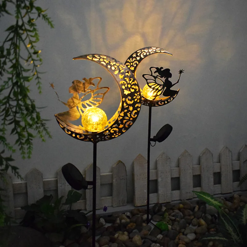 1pcs Solar Moon Fairy Lamp Outdoor Garden Iron Flower Fairy Ground Insertion Lamp Lawn Courtyard Decorative Light