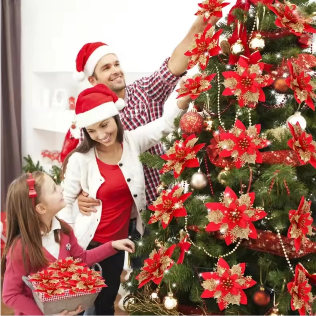 زهور عيد الميلاد الاصطناعية اللامعة الكبيرة مع مشابك DIY زهرة وهمية شجرة عيد الميلاد الحلي للمنزل لوازم الديكور السنة الجديدة #3