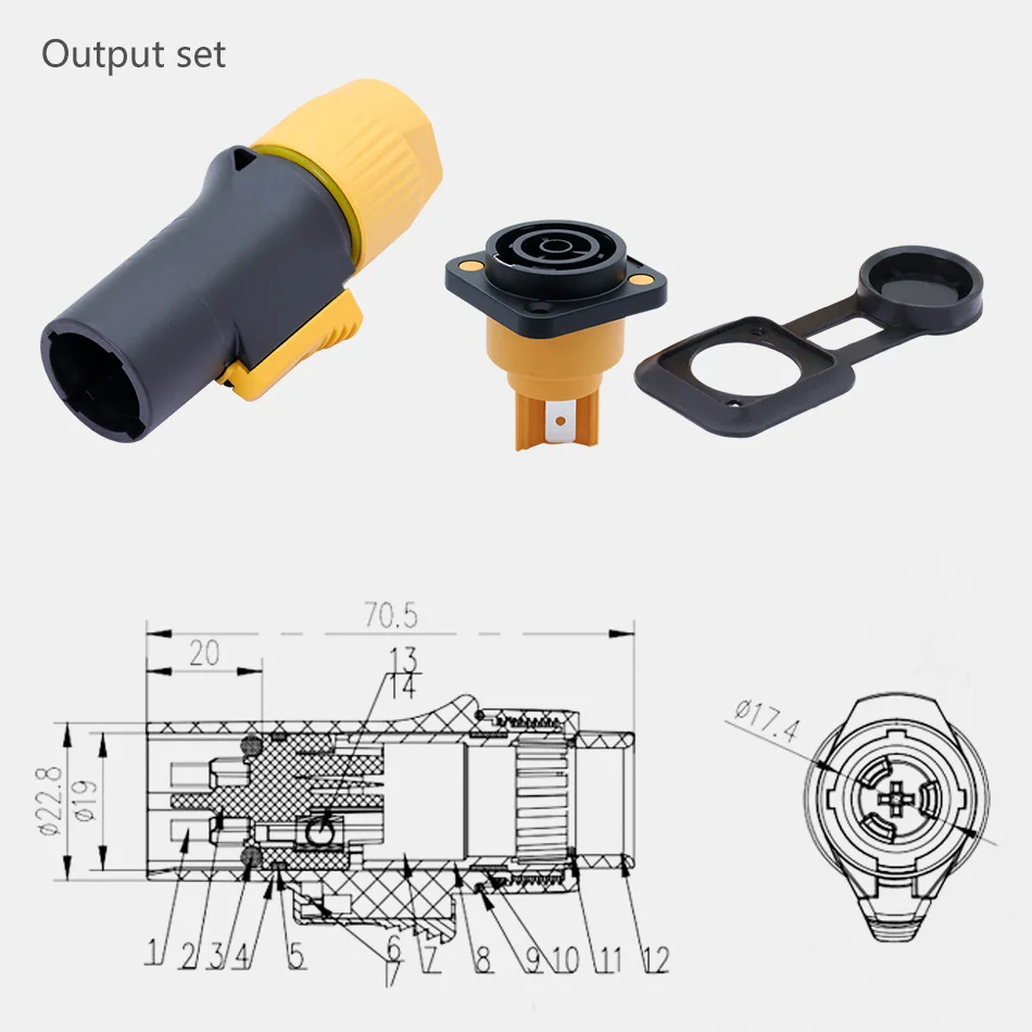 Conector PowerCON IP65 resistente al agua, conector macho NAC3FX-W NAC3MX-W PA66, Material IP65, resistente al agua, Color negro/naranja, 1 ud.