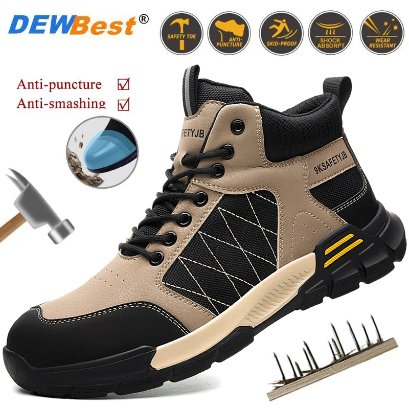 

Mens spring high-top anti-smash anti-stabbing protection work safety shoes wear-resistant cowhide tendon steel head safety shoes