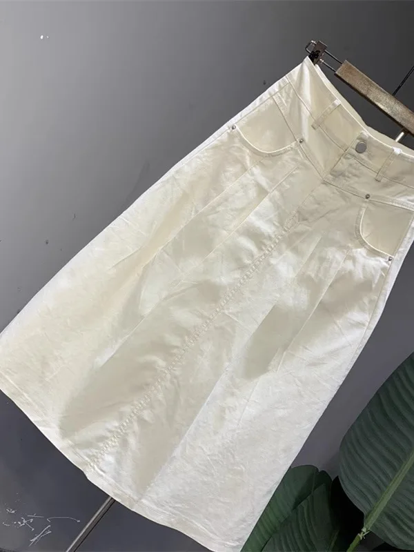 접힌 하이 웨이스트 A 라인 미디 스커트 여성의 새로운 패션 다목적 커버링 완벽한 우산 스커트 통근 스타일 퓨어 컬러