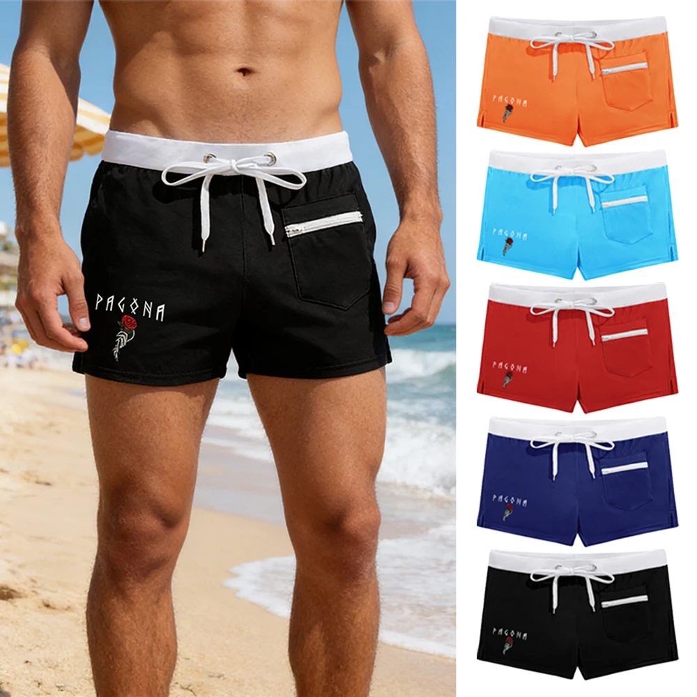 Summer Men's Quick Dry Square Leg Swim Briefs Contrast Color Waistband Board Shorts with Front Zipper Pocket Rose Floral Print