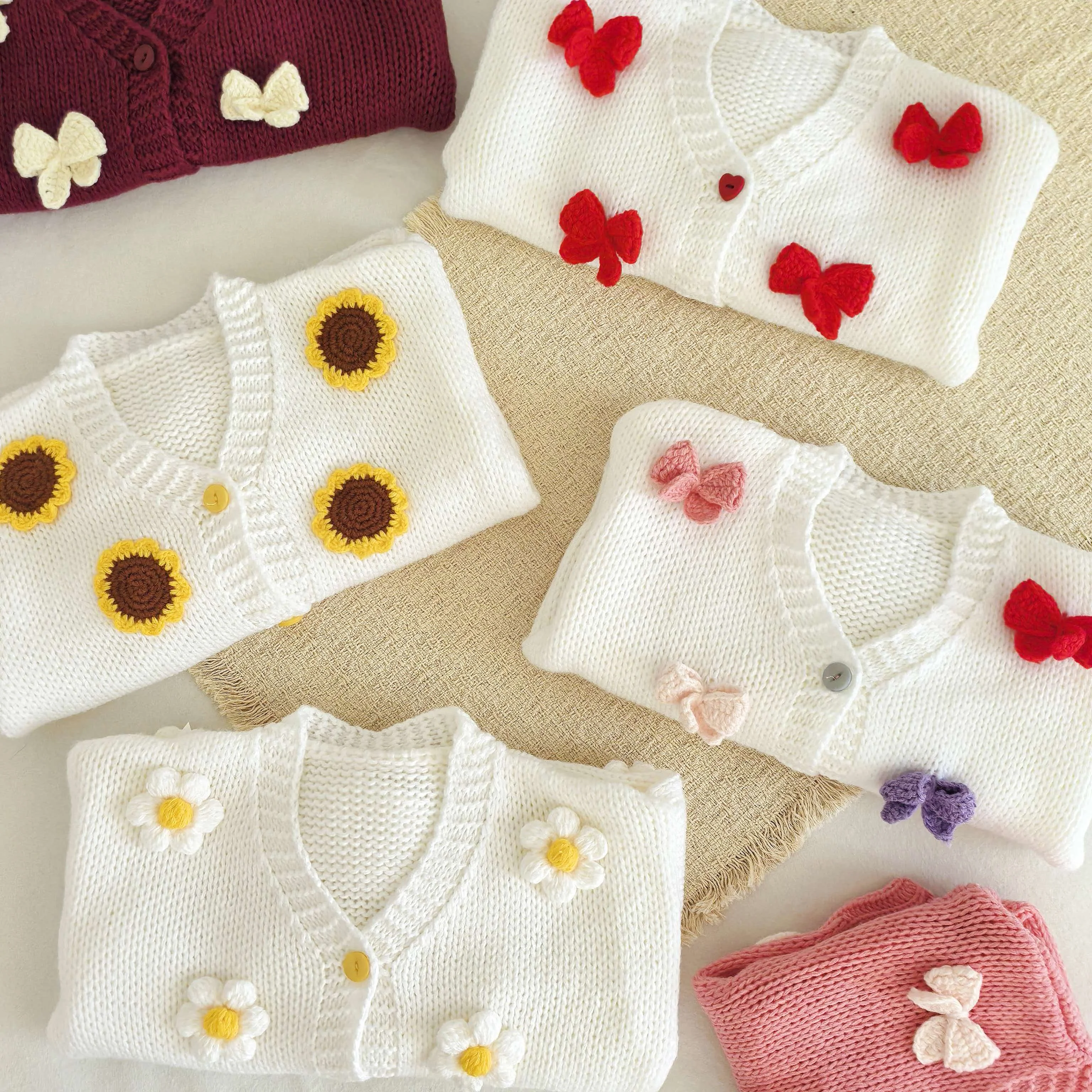 Toddler Girls Knit Cardigan, 3D Hand Crochet Flower & Bow, Autumn Winter Kids V Neck Knitted Sweater Outerwear