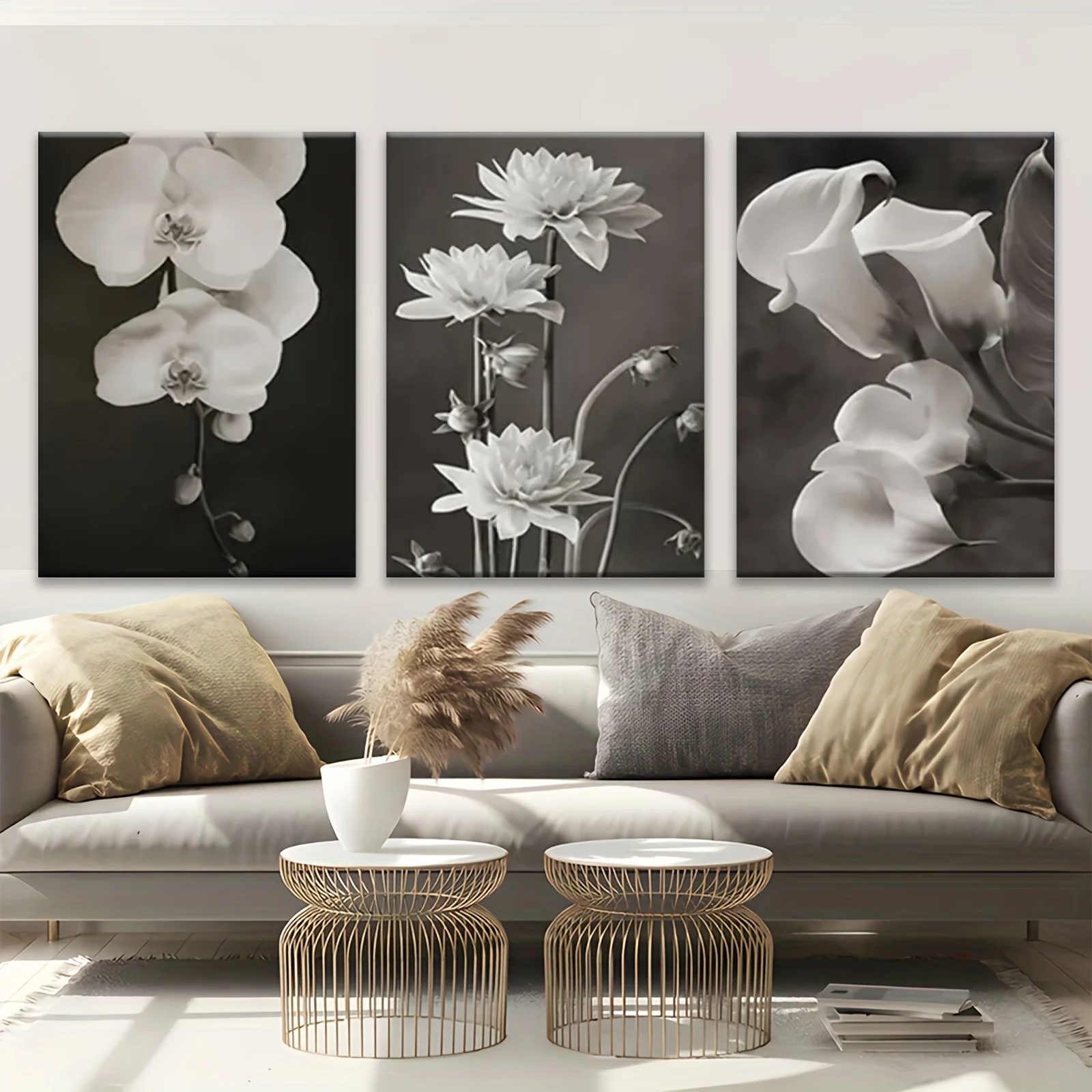 (No frame)2D Flat, 2D Flat, 3pcs 2D Flat Black And White Modern Style Mural Flower Art | Suitable For Living Room, Bedroom, O