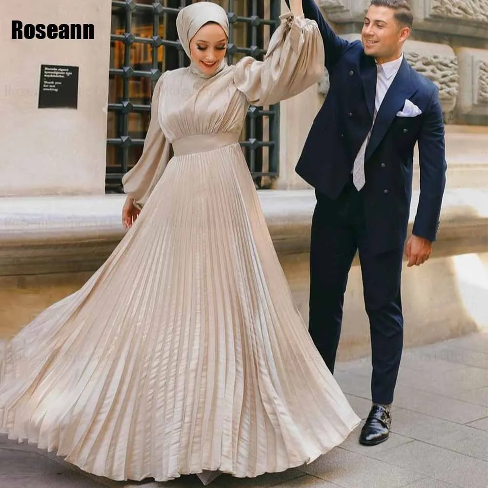 

Muslim Fashion A-line Wedding Dresses 2024 New Design Full Puff Sleeve Satin Draped Pleat Floor Length Bride Gown robe de mariée