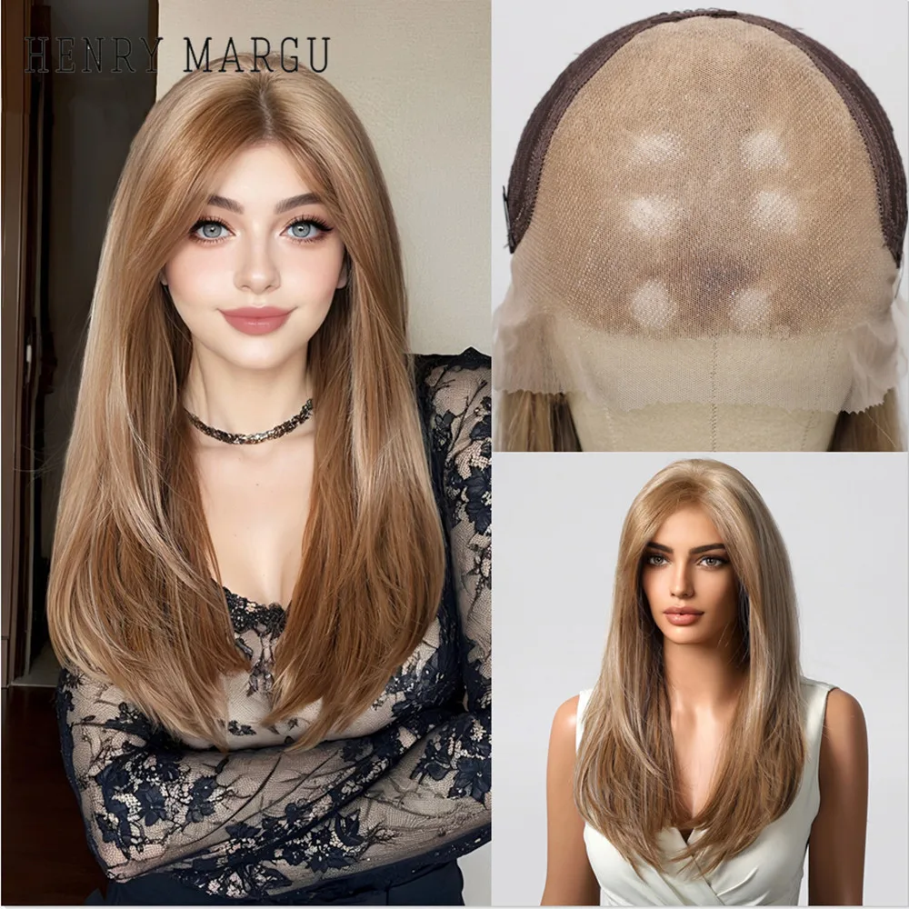 HENRY MARGU Blond Brown Synthetic Lace Wigs Long Layered Straight Wigs 13*6 Lace Front Wig for Women Natural Looking Daily Use