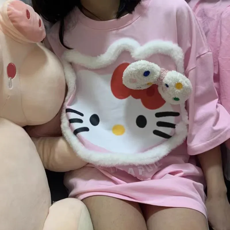 Kaus lengan pendek Sanrio Hello Kitty baru kaus lengan pendek warna hitam mode Y2k Atasan Wanita kaus estetika kartun lucu pakaian trendi