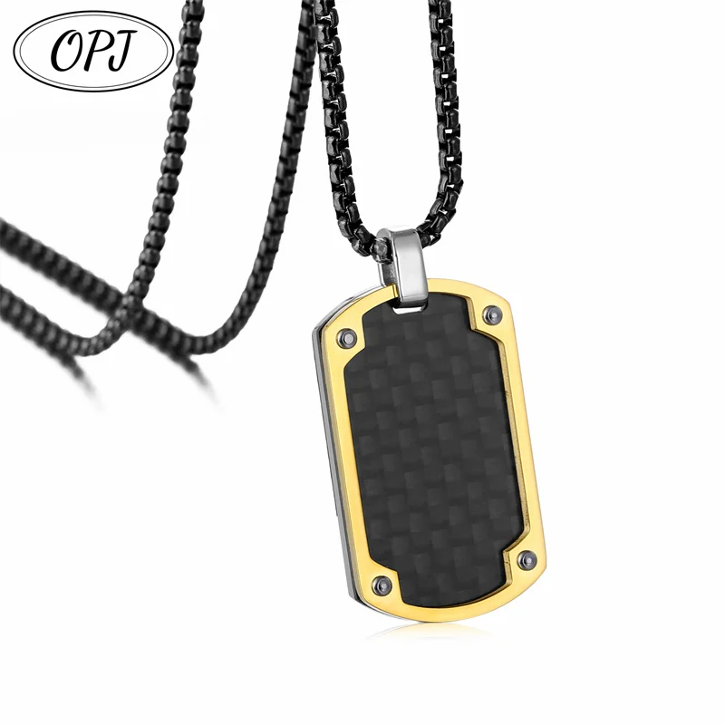 Mens Luxury Carbon Fiber Dogtag Necklaces,Black Military Dog Tags Pendant with Box Chain,Bold Geometric Collar Jewelry Gift