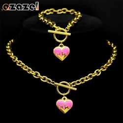 Y2K Pink Enamel Love Heart Pendant Jewelry Set for Women Stainless Steel Gold Color Aesthetic Choker Necklace Bracelet Set