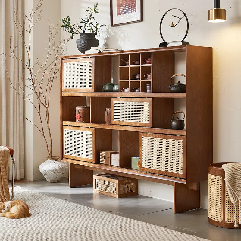 Vitrine für Teestube, Wandaufbewahrung aus Rattan