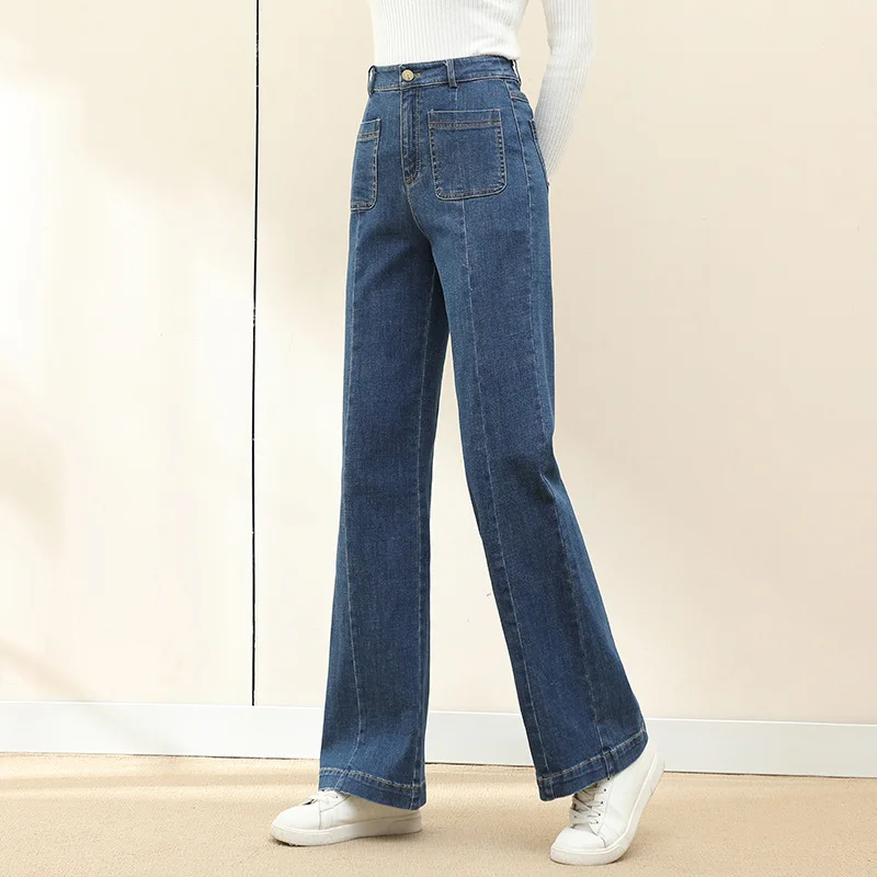 Jean Denim Évasé à Jambes Larges pour Femme, artificiel astique, Taille Haute, Droit, Extensible, Mode, Poches, Printemps, Automne