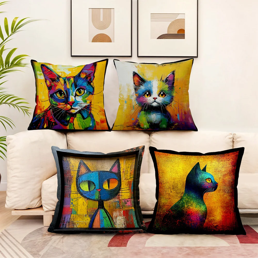 1PC 2D Flat Vintage Abstract Colorful Cat Art Throw Pillow Covers Home Decor No Pillow Core Unreal embroidery