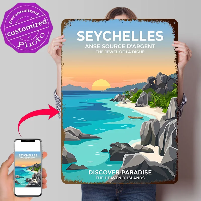 Seychelles Tropical Beach Sunset 3D Texture Metal Poster Customized Wall Art Tin Sign Gift for Mancave Room Decoration Wand Deko