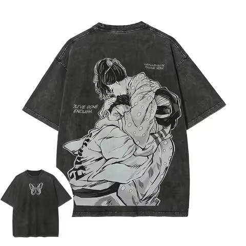 Demon Slayer Men's and Women's Washed T-Shirt Akaza Koyuki Summer Spring Anime Tee Retro Distressed High Quality Short Sleeve