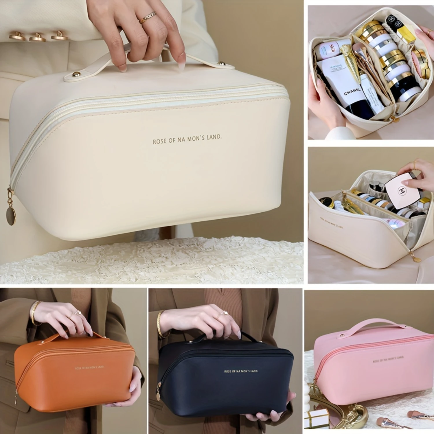 Large Capacity Makeup Bag, Multi-Layered With Dividers, Portable Zippered Pouch, PU Leather, Waterproof, Multifunctional Travel 