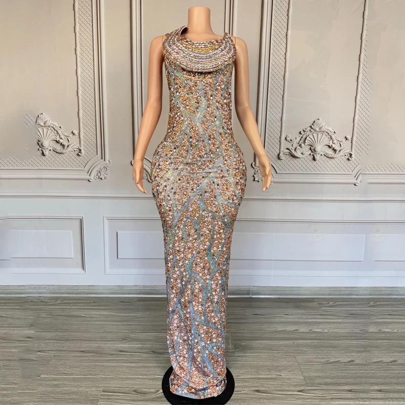 Traje de baile de Jazz para mujer, vestido de noche completo con diamantes de imitación, trajes de Festival para Bar y Club nocturno, vestido de fiesta de bailarina y cantante XS10191