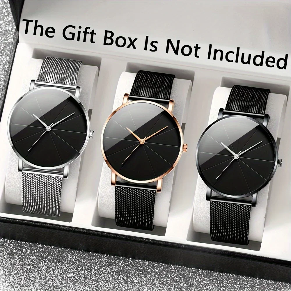 3-Piece Men's Fashion Quartz Watch Set with Rose Gold, Black Mesh Strap and Date Display - Zinc Alloy Case,Stainless Steel Strap