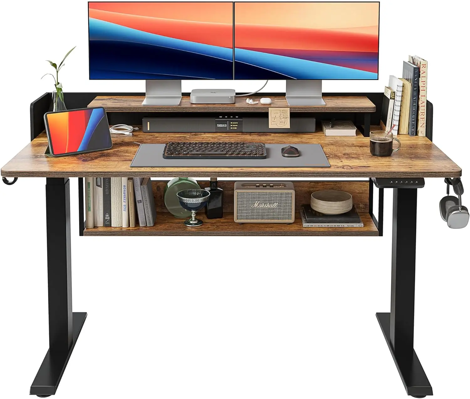 

FEZIBO 55" Electric Standing Desk with Shelves, 55 x 24 Inch Sit Stand Rising Desk with Monitor Stand and Storage,