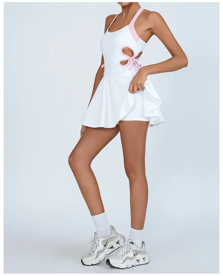 THRUM Block Hollow Out Tennis Dress One-Piece Yoga Skirt with Built-in Bra Shorts Anti-Chafing Workout Skort for Sports Fitness
