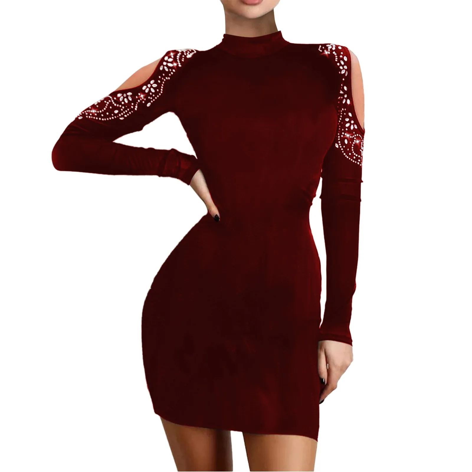 

Women'S High Neck Rhinestone See-Through Dress Long Sleeve Fanny Pack Hip Sexy Skirt Elegant Temperament Beautiful Dress