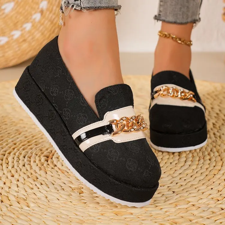 2026 New Fashion Printed Metal Chain Decorative Women's Casual Shoes Spring and Autumn Platform Non-slip Low-top Shoes