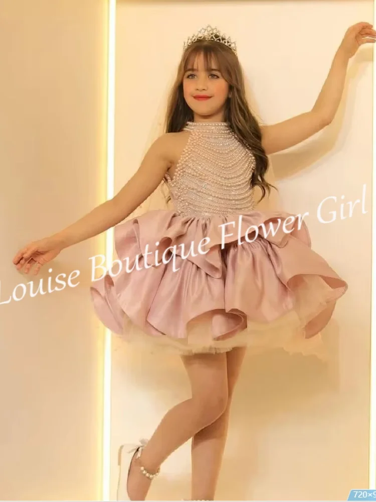 Vestido de niña de flores personalizado con cuentas, cuello alto, perlas brillantes, falda esponjosa, minivestido de fiesta de boda, vestido de fiesta de princesa para dama de honor
