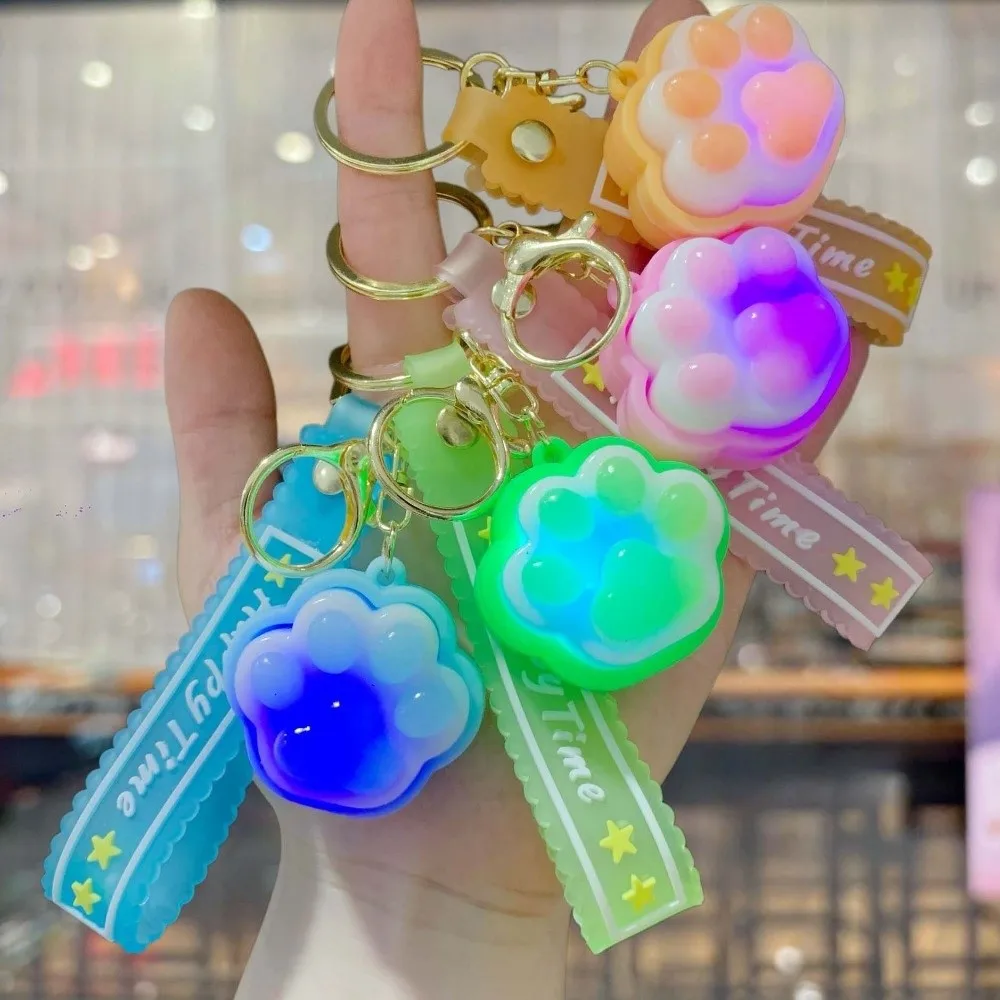 Backpack Pendant LED Flashing Cat Paw Key Chain Glowing Cartoon Squeeze 3D Design Mini Size Fidget Key Ring Party Favors