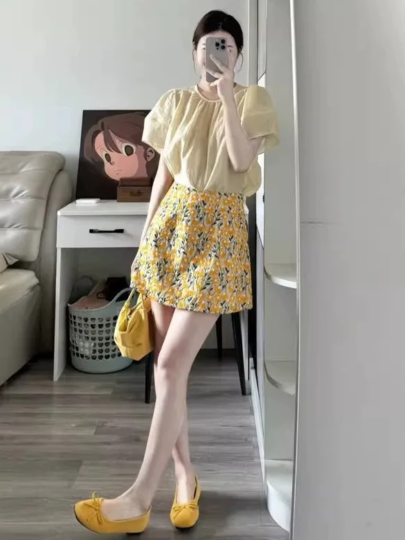 

Summer Large Size Women's Floral Print Chiffon Top And Skirt Set French Style round Neck Short Sleeve Casual Fashion Ensemble