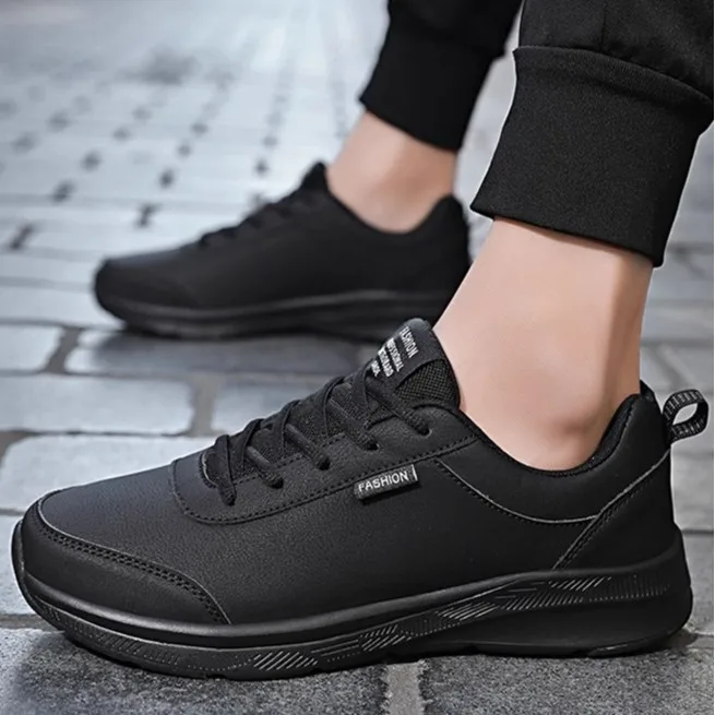 Men's shoes 2025 autumn leather sports shoes men's waterproof and anti slip running shoes black soft soled casual shoes