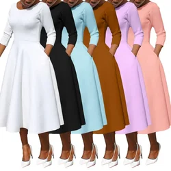 2023 Dashiki African Clothing Autumn Fashion Africa 3/4 Sleeve O-neck Solid Color Party Evening Midi Dress African Robes