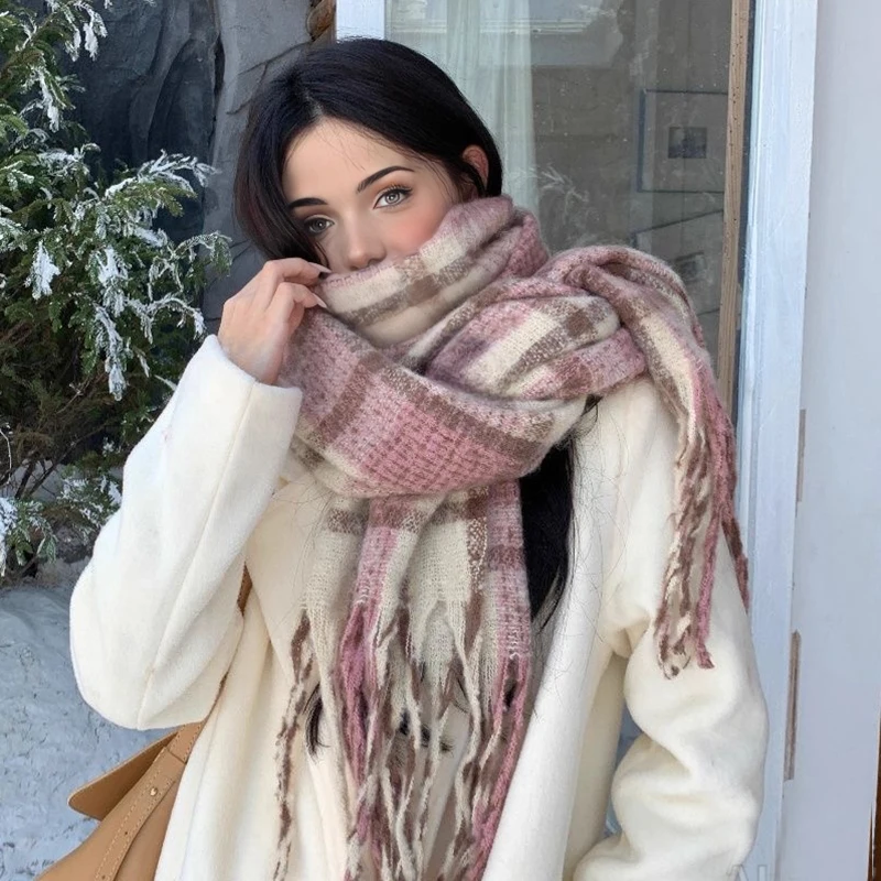 Winter Thick Warm Scarf Women Cashmere Shawl Wraps Soft Plaid Printed Pashmina Neckerchief Foulard Bandana Long Tassel Scarves