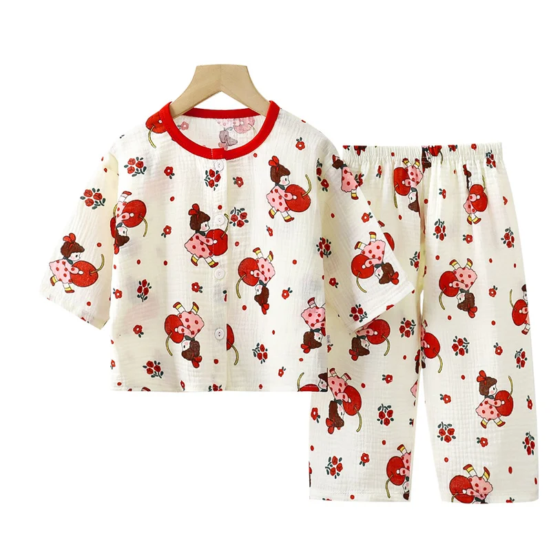 Children's Cartoon Print Sets Boys Girls Summer Autumn Thin Pure Cotton Home Suit Baby Gauze Air Conditioning 2Pcs Kids Clothes
