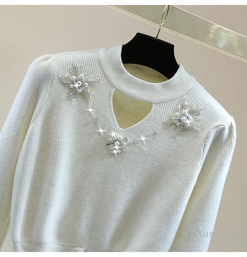 Jersey de punto con cuentas de diamante para mujer, suéter de punto con abertura hueca de Seda brillante para invierno, Top corto de Color sólido