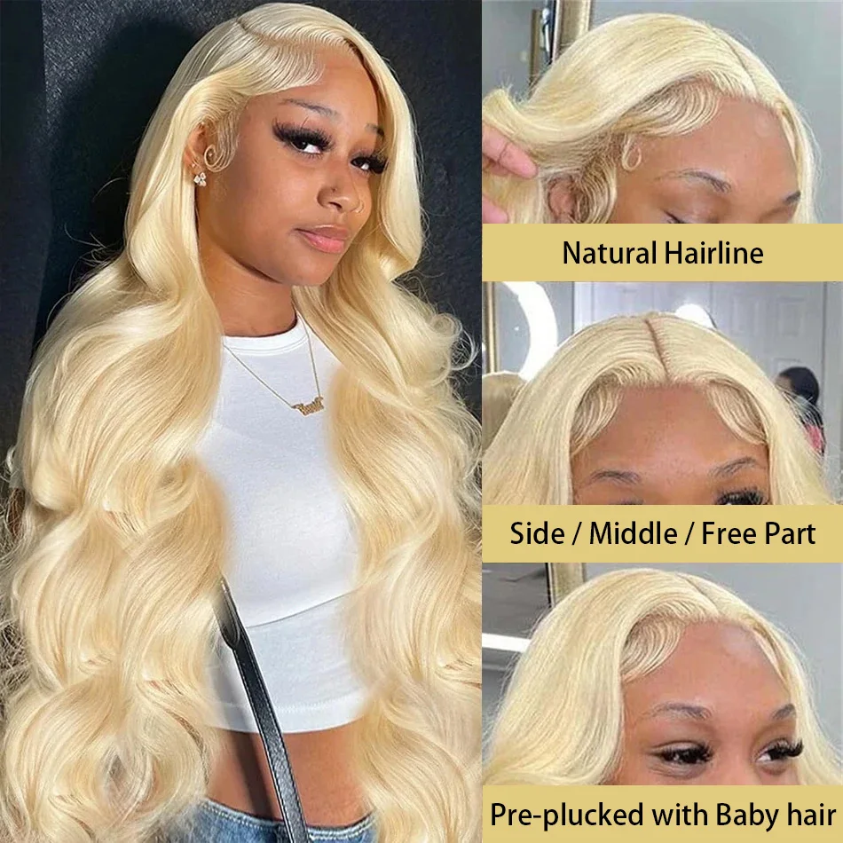 Honey Blonde Transparente Lace Front Human Hair Wig para Mulheres, Brasileiro, Body Wave, Colorido, Frontal, 613, 13x4, 220%, 13x6