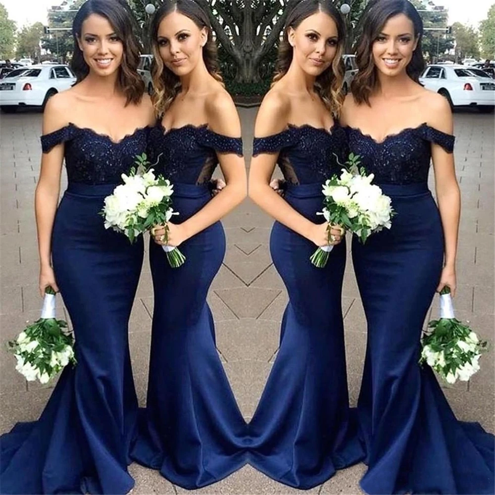 Navy blue bridesmaid dresses mermaid V neck OFF shoulder appliqués beaded wedding guest gown vestidos de noche largos elegantes