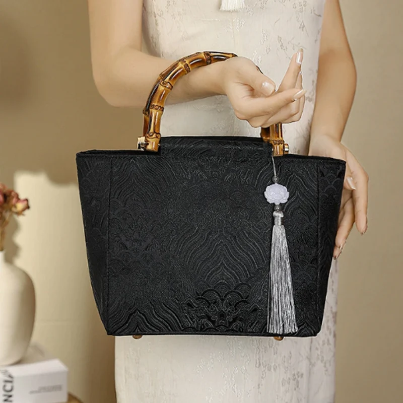 Bolso de mujer con borla bordada negra, bolso retro con nudo de bambú para banquete, bolso cuadrado pequeño a la moda