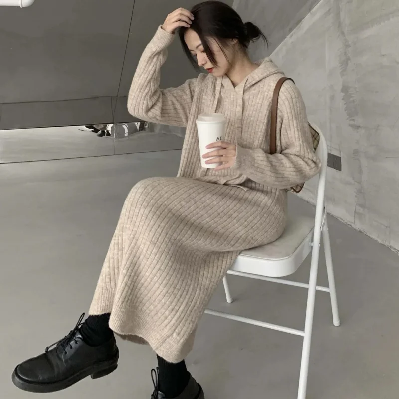 

Autumn Winter New Long Knitted Base Dress Women Korean Style Loose Slimming Lazy Style Hooded Over--Knee Sweater Dress
