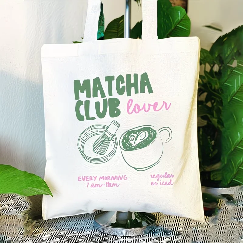 

Matcha Club Lover Tote Bag Green Tea Print Cute Design Reusable Bag for Matcha Fans Coffee Runs and Daily Use