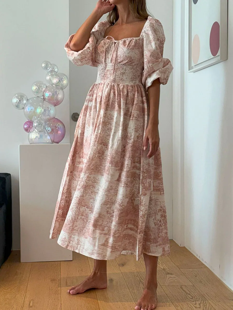 GuliriFei Abito lungo da donna primavera autunno Elegante cravatta con fiocco motivo floreale Abito lungo a lanterna con maniche a lanterna casual