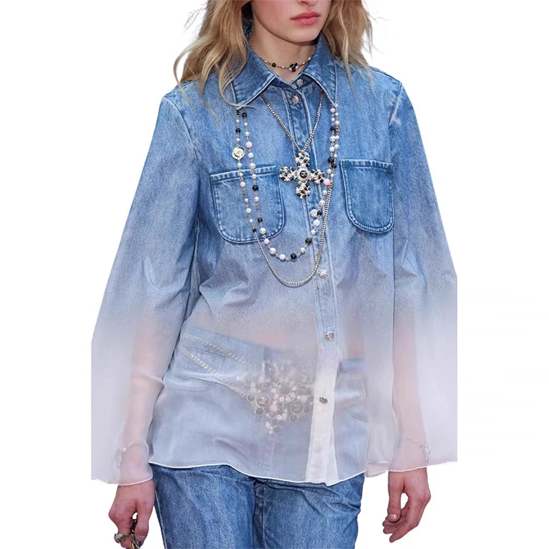 

2025 Hit Color Loose Two Piece Set For Women Lapel Long Sleeve Top High Waist Temperament Pant Gradient Sets Female New Outfit