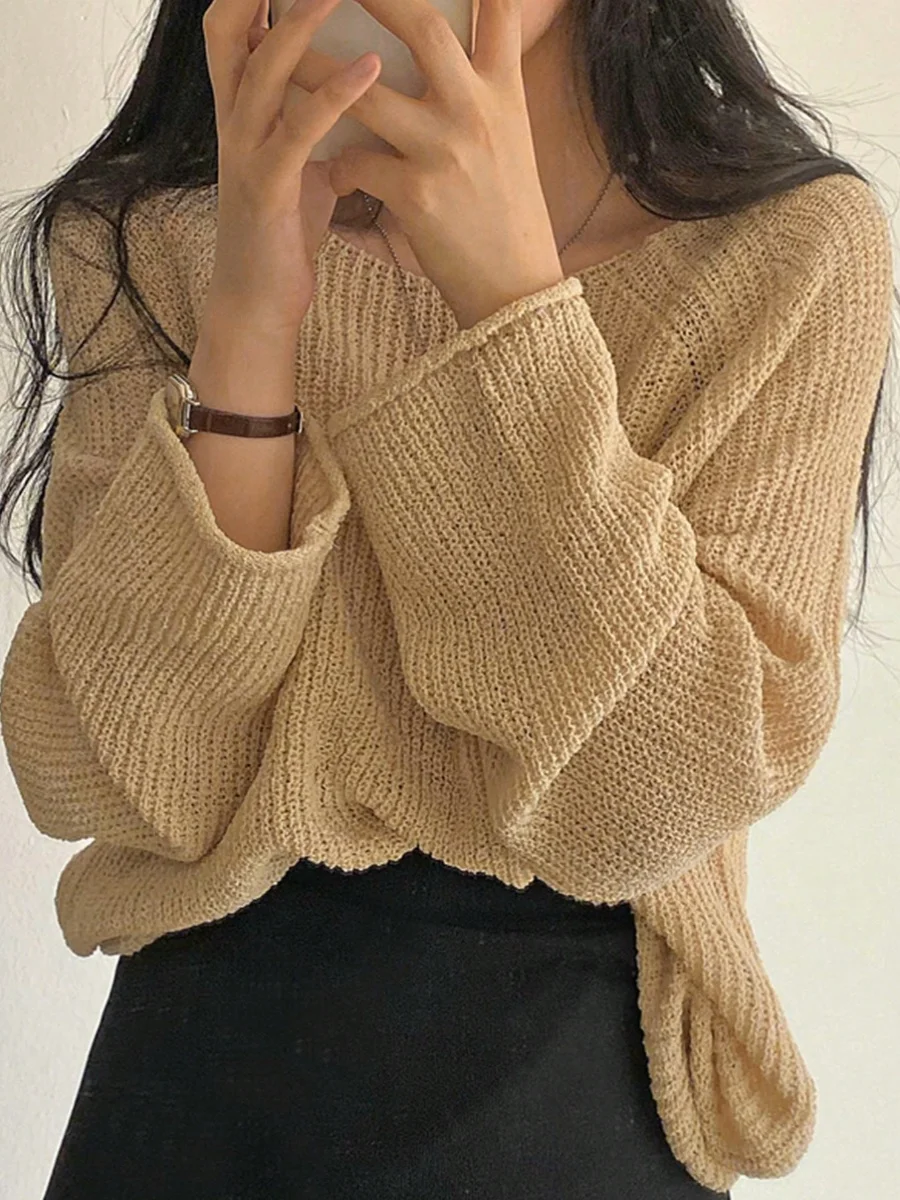 느슨한 긴 소매 라운드 넥 니트 스웨터 솔리드 컬러 여성 패션 봄 여름 동대 게이트 스타일 다목적 기본 탑