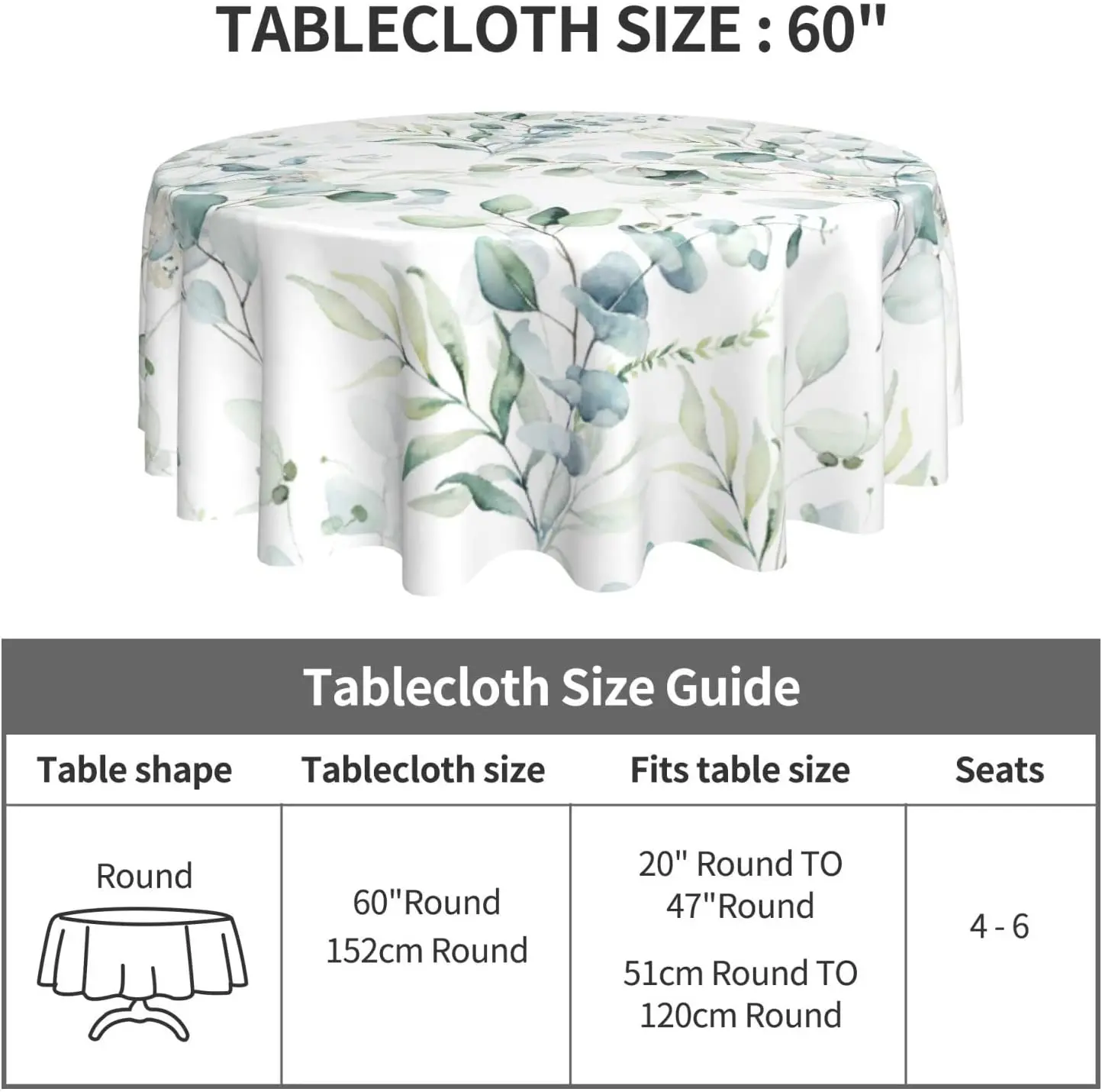 Spring Leaf Floral Sage Tablecloth Round 60 Inch Ruitic Watercolor Table Cloth Waterproof Fabric Green Grey Leaves Tablecloths