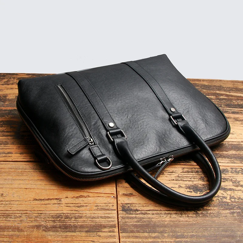 

New Design Black Men's Business Briefcase Real Leather Male Shoulder Crossbody Bag 14 Inch Computer Bag Messenger Pack Totes