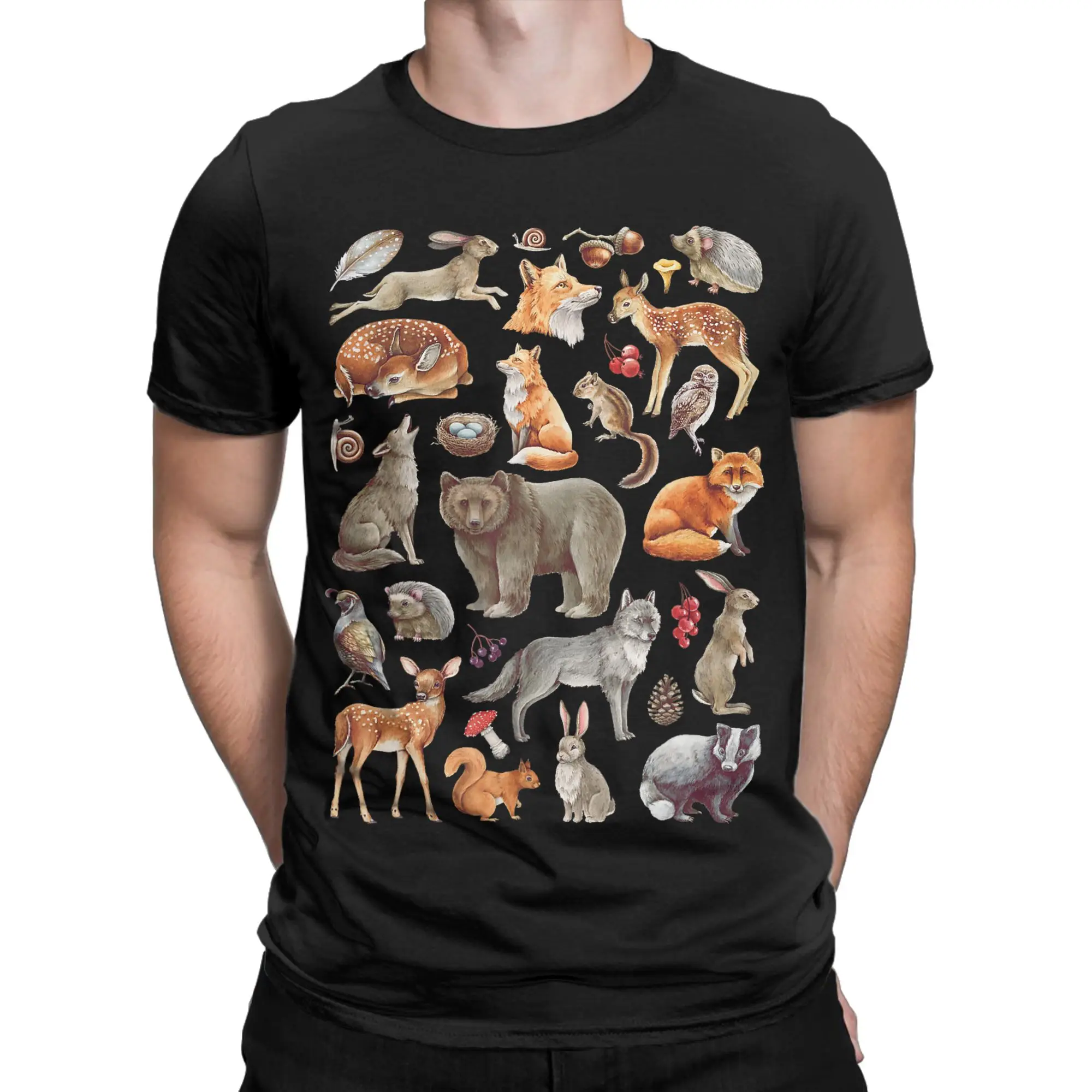 Forest Animals Woodland Wildlife Bear Fox Deer Wolf Hare T-Shirts Cotton Leisure Tee Shirt For Mens Short Sleeve Casual Tees