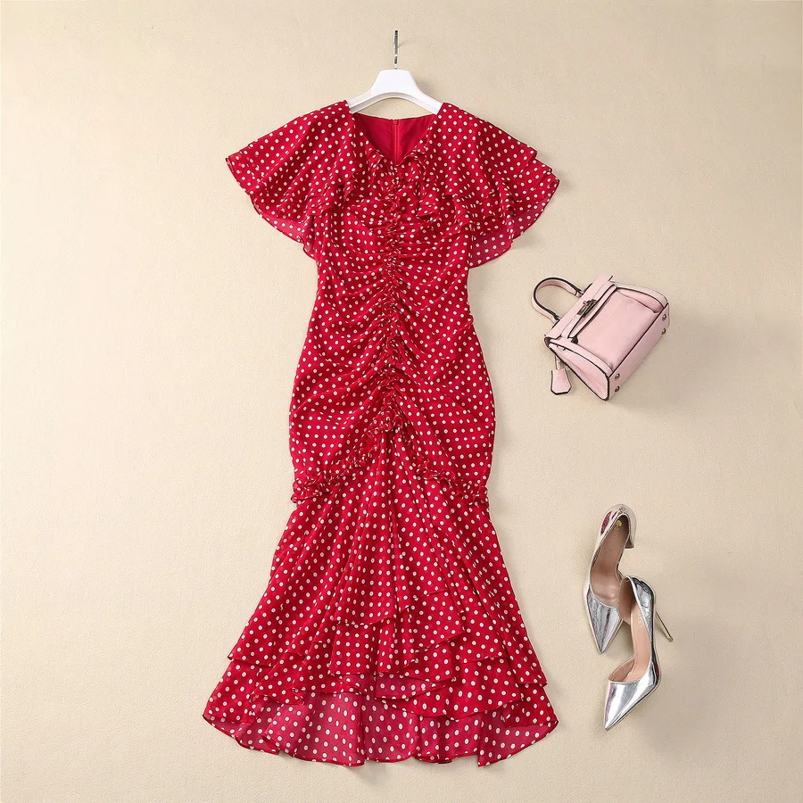 

European and American women's clothing 2025 spring new Lotus sleeve V-neck polka dots Fashion Fishtail Dress XXL