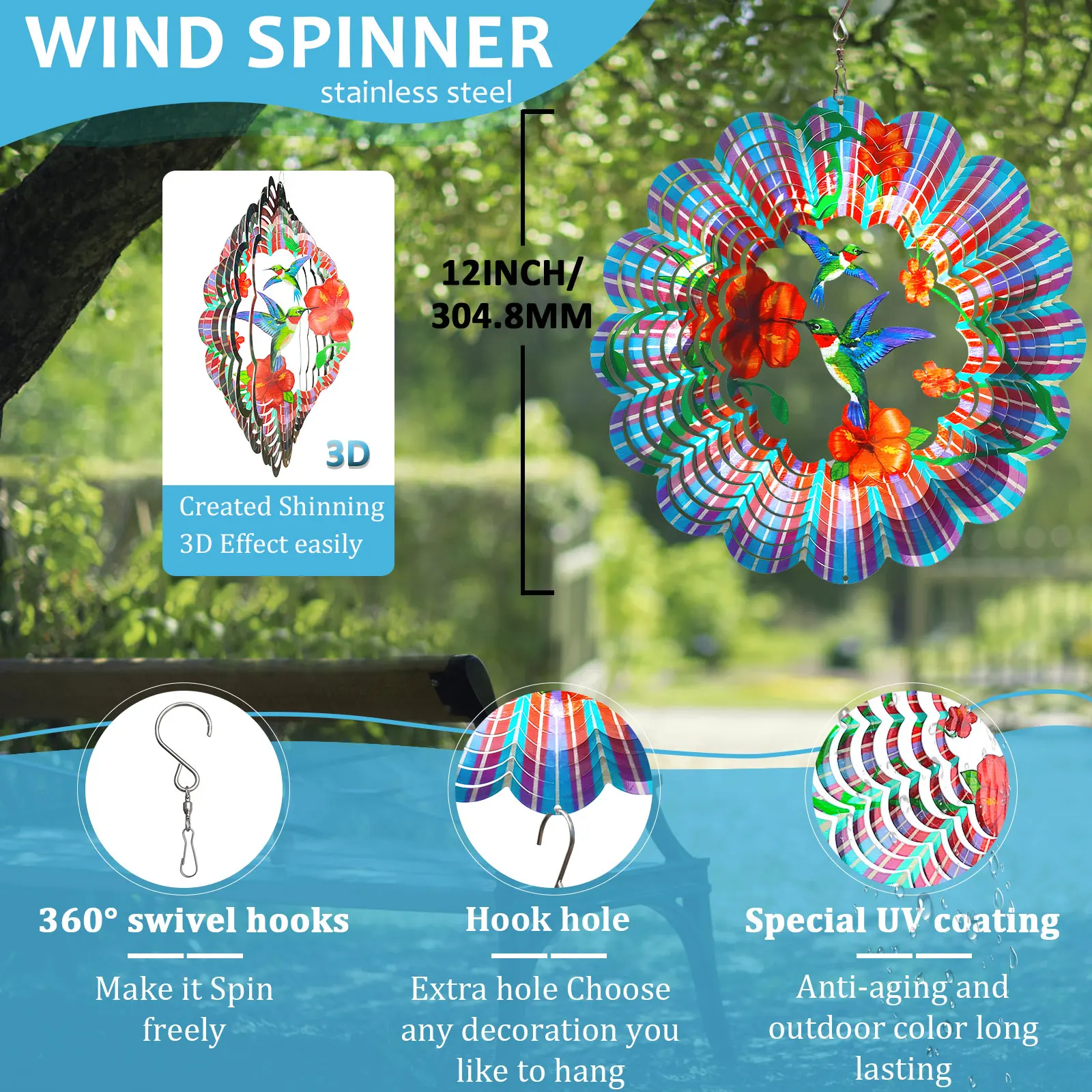 THEYUFA Hummingbird Wind Spinner 12in/30cm 3D Kinetic Stainless Steel Hanging Ornament Garden Patio Christmas Decor Gift