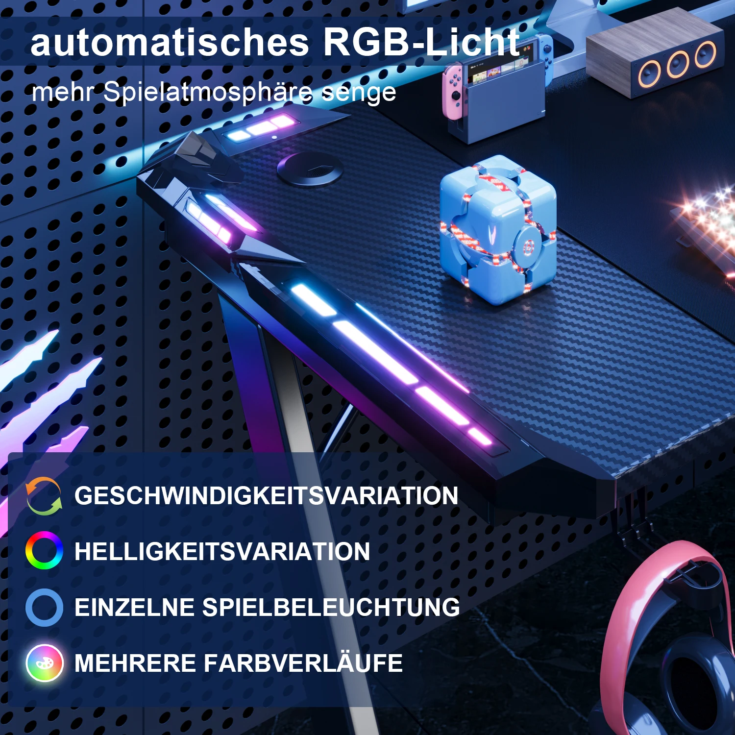 Z-Frame Devoko Gaming Desk 120x60cm LED RGB Lighting Ergonomic Computer Gaming with Cup & Headset Rack