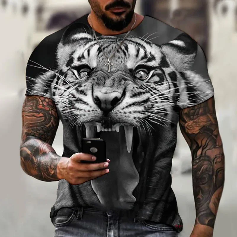 New 2024 Hot 3D digital print Fashion Lion Tiger 1 pattern Outdoor Fitness sport men's short sleeve T-shirt new design