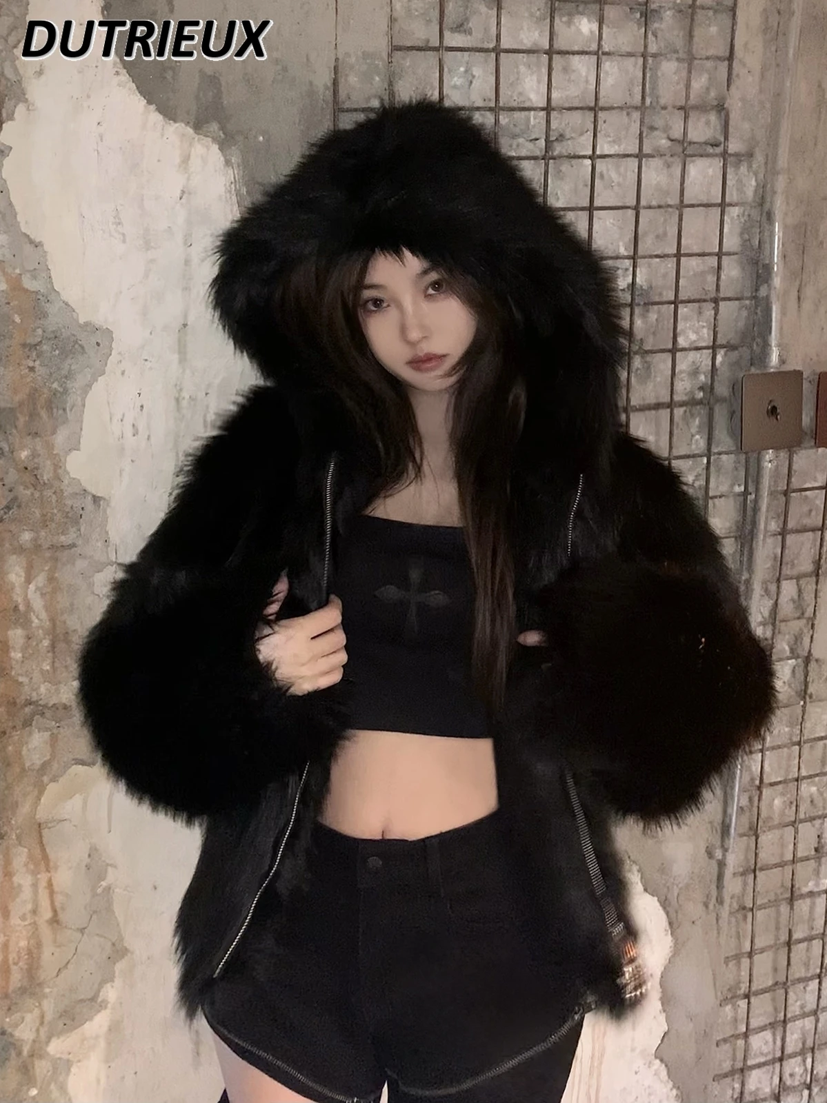 Winter Warm Black Faux Fur Hooded Furry Coat Woman 2023 Winter Ladies Long Sleeve Zipper Mid-length Faux Fox Fur Jacket Female